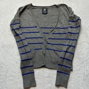 AMERICAN EAGLE Cardigan Womens S Gray Blue Striped V-Neck Button Up Knit Preppy